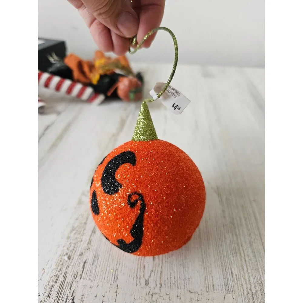 Pier‎ 1 pumpkin jack-o'-lantern glitter ornament RARE sparkle frayer Xmas tree